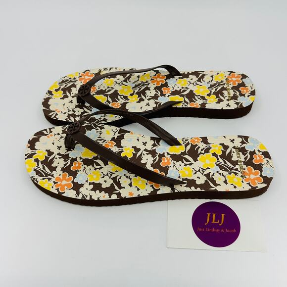 Tory Burch Women's Soho Reverie Walnut Brown Floral Flat Flip Flops 81071 Size 8 - Picture 8 of 14